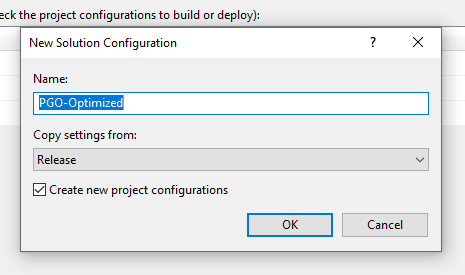 Caixa de diálogo "New Solution Configuration" criando uma configuração com base no
build de lançamento, mas com "PGO-Optimized" como o nome da configuração
do build.