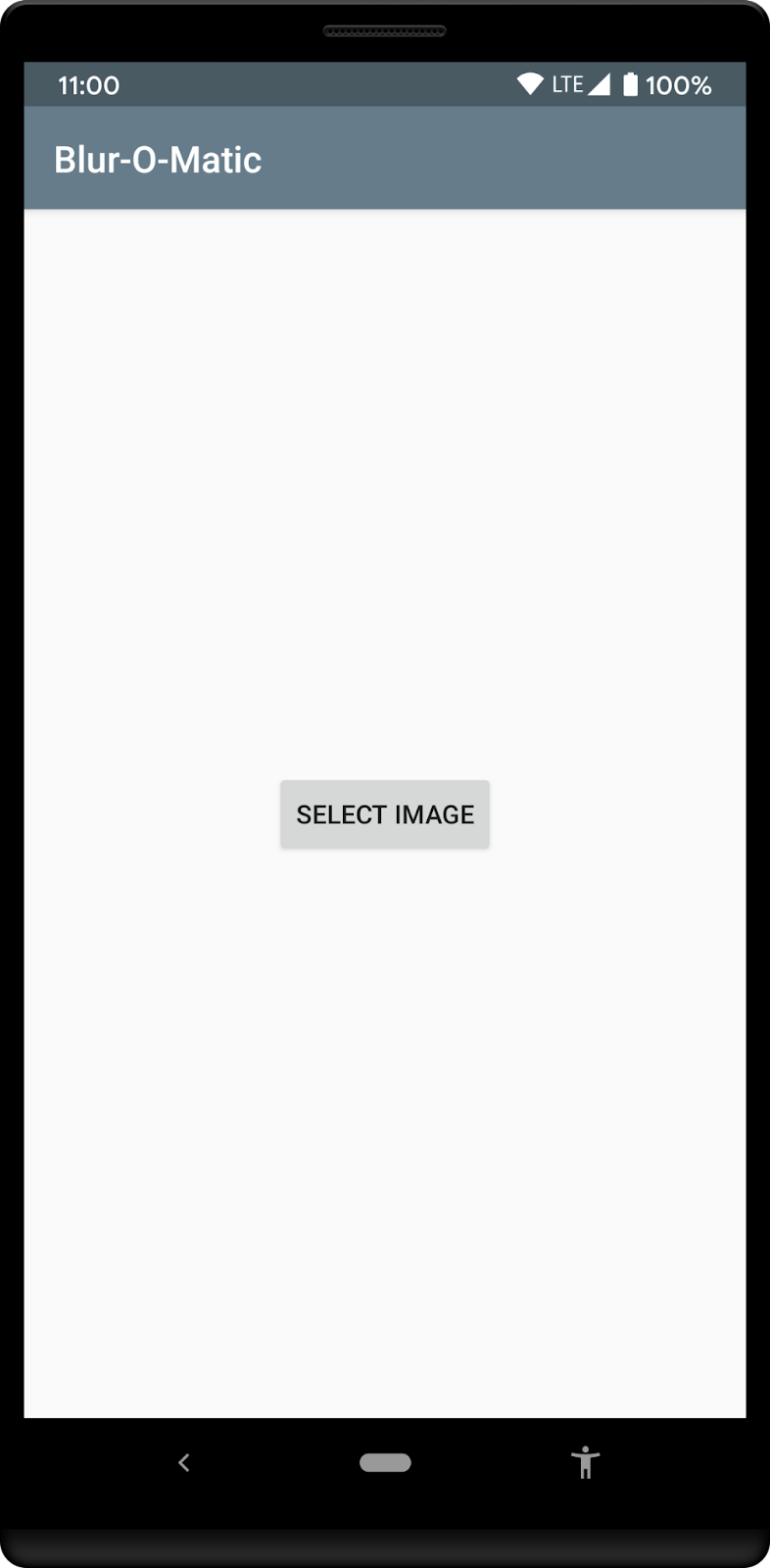 Primera pantalla de la app Pantalla de inicio de la app que le solicita al usuario que seleccione una imagen de la galería de fotos.