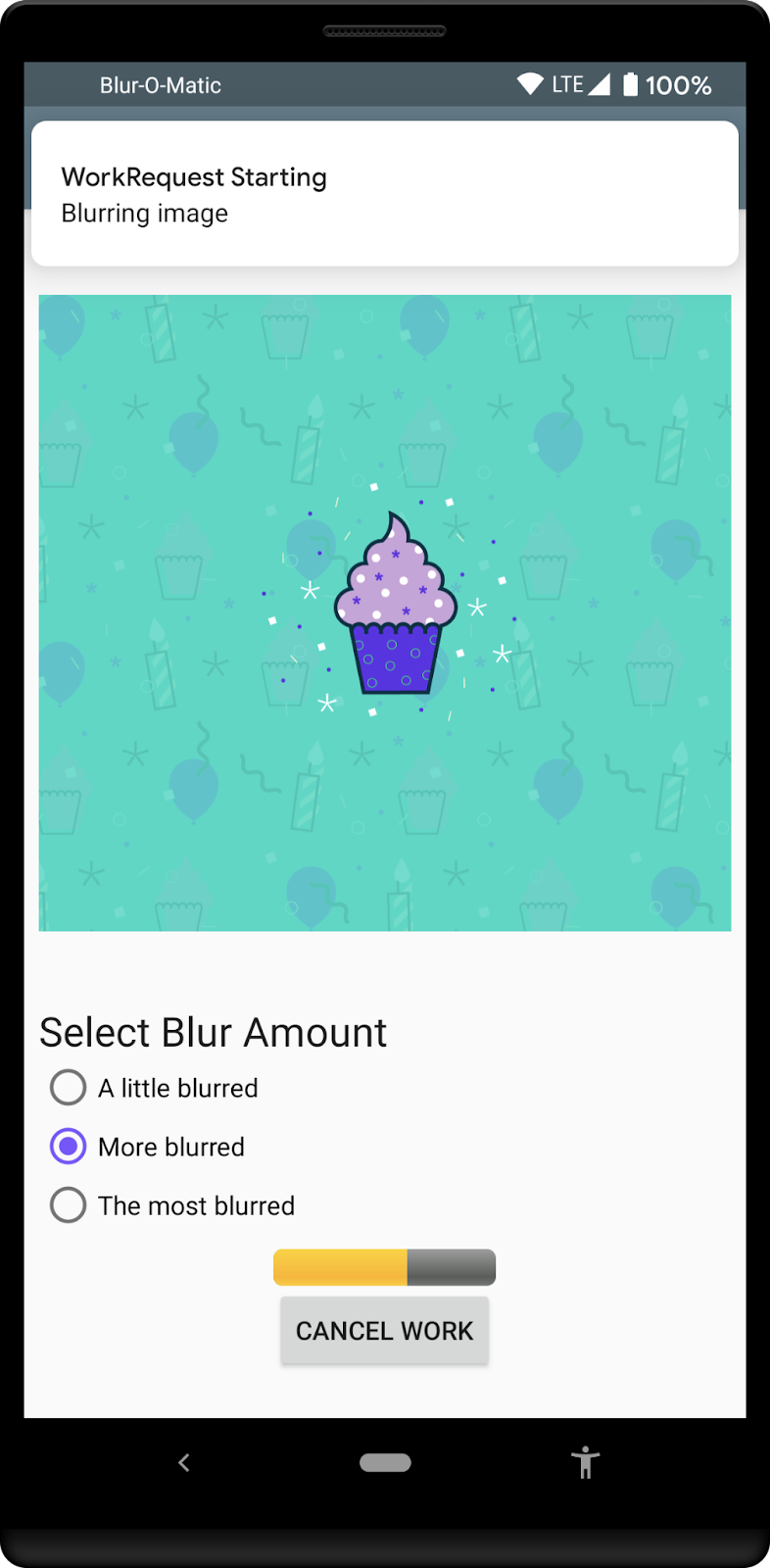 Permintaan WorkManager dengan Status Progres Permintaan WorkManager sedang berlangsung, seperti yang ditunjukkan oleh status progres yang ditampilkan di bagian bawah layar.