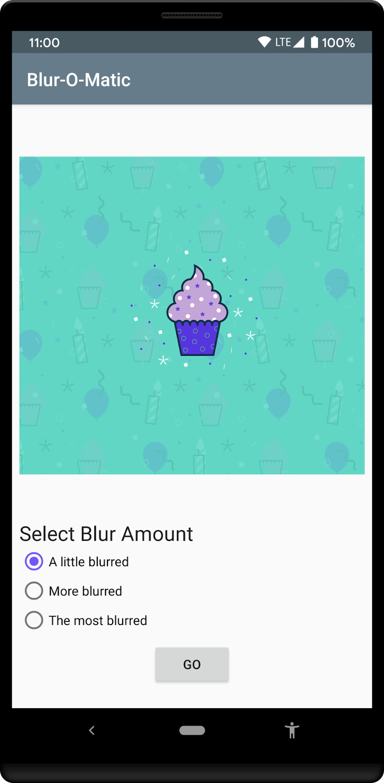 Memuat Gambar dengan Opsi Blur Layar ditampilkan kepada pengguna setelah gambar dipilih dari galeri, dengan tombol pilihan untuk tingkat keburaman yang diinginkan dan tombol Go untuk memulai proses pemburaman.