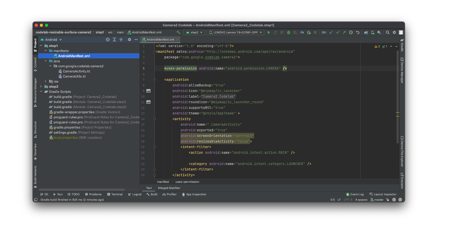 Android Studio 螢幕截圖,顯示與本程式碼研究室相關的程式碼