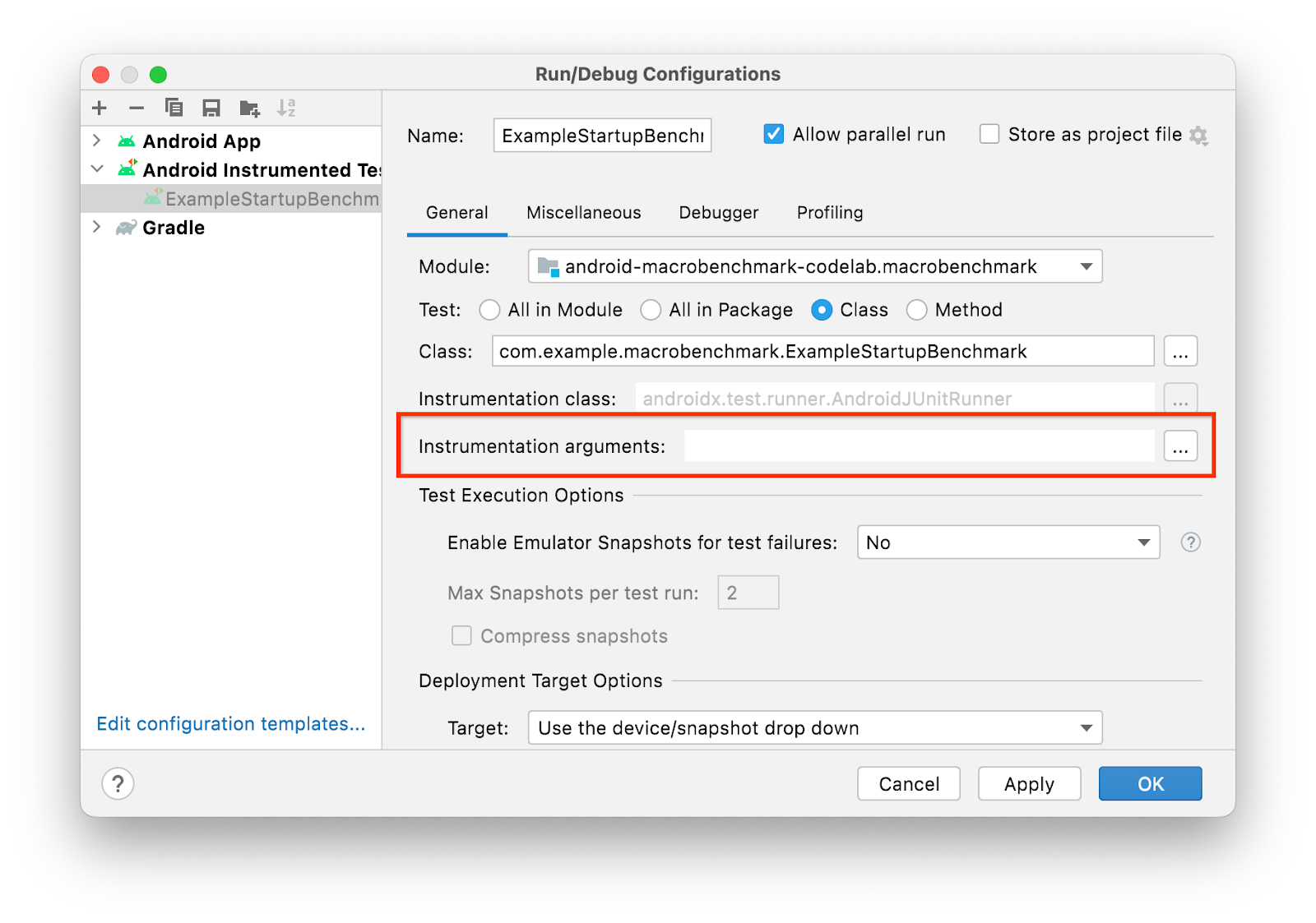 Fenêtre "Run/Debug Configurations" (Configurations d'exécution/de débogage) mettant en évidence l'option "Instrumentation arguments" (Arguments d'instrumentation) 89be2d51bf94c098.png