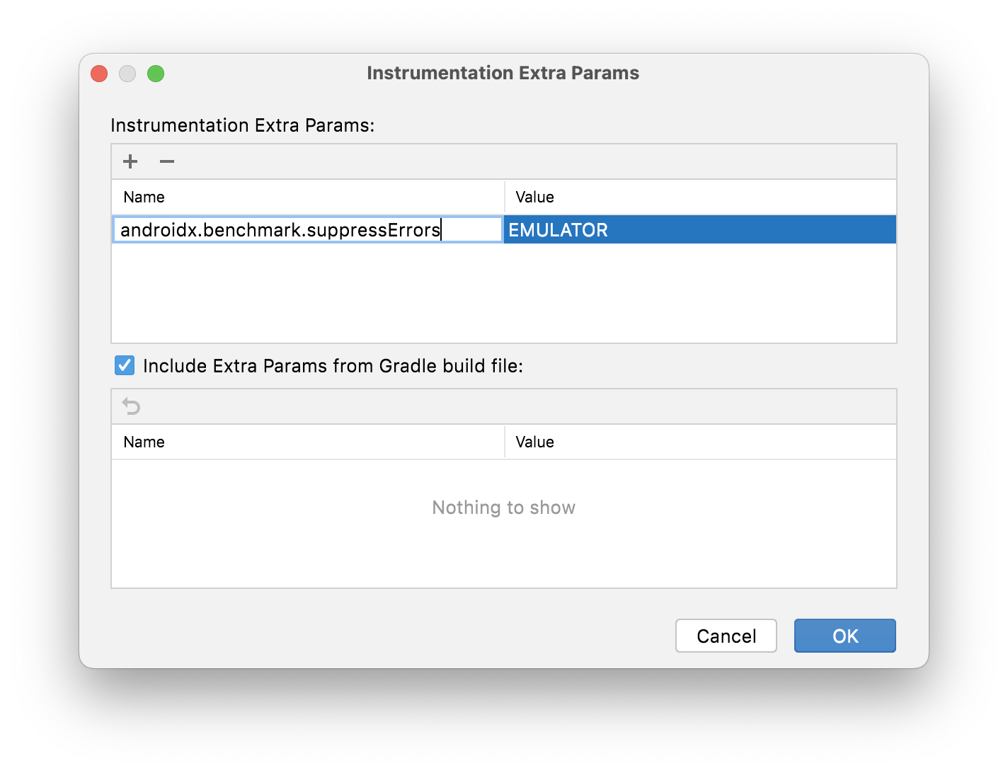 Fenêtre "Paramètres supplémentaires d'instrumentation" affichant le paramètre androidx.benchmark.suppressErrors avec la valeur EMULATOR a06c7f6359d6b92c.png