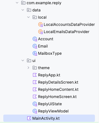 El directorio del archivo de la app de Reply muestra dos subdirectorios expandidos: