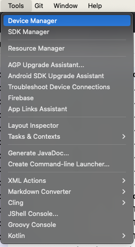 「Tools」選單顯示選項清單，已選取清單中的「Device Manager」。