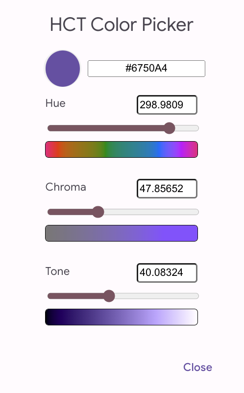 HCT Color Picker This is the HCT Color Picker to choose a custom color in the Material Theme Builder.