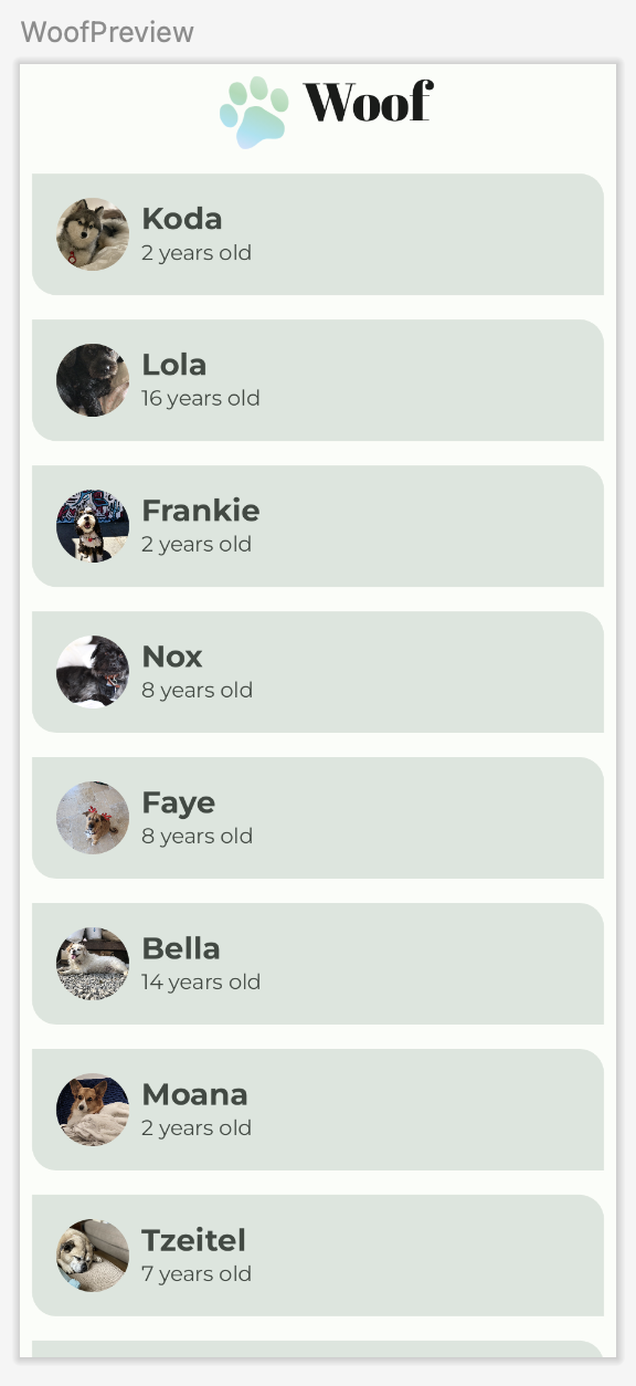 Woof Preview Woof Preview with top app bar