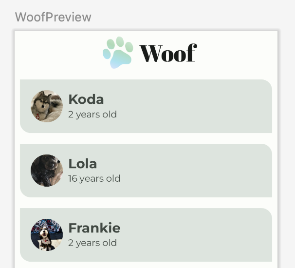 Vista previa de Woof Vista previa de Woof con la barra superior de la app centrada