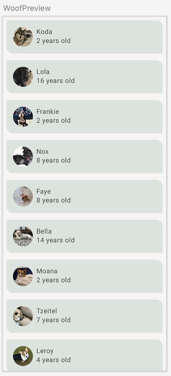 Aperçu de l'application Woof Aperçu de l'application Woof avec des éléments Card mis en forme