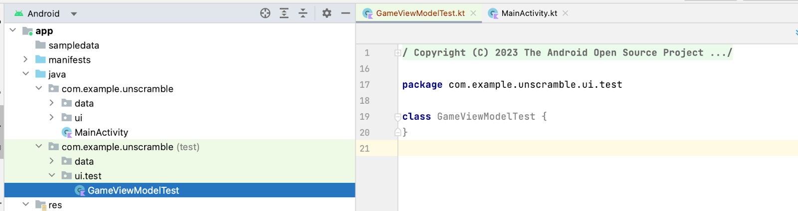 Android studio project view showing the newly created ui.test package and the file game view model f98067499852bdce.png