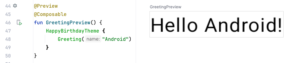 Capture d'écran d'Android Studio montrant le code et l'aperçu
