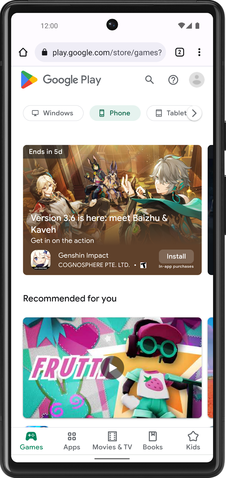 Phone screen showing play store showing recommended apps