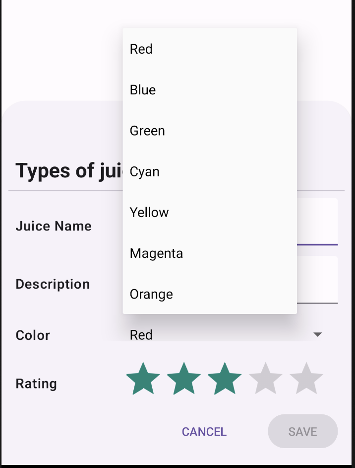 Lista de opciones de colores