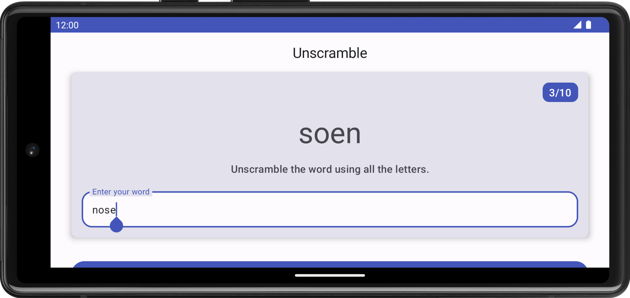 Pantalla del juego en modo horizontal con todo el estado intacto, como recuento de palabras y campo de texto 4134470d435581dd.png