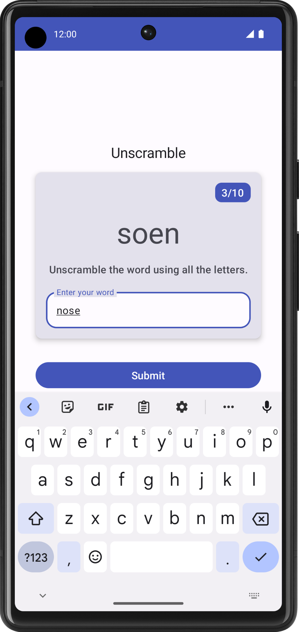 Écran de jeu avec le mot à deviner dans le champ de texte en mode Portrait 4a63084643723724.png