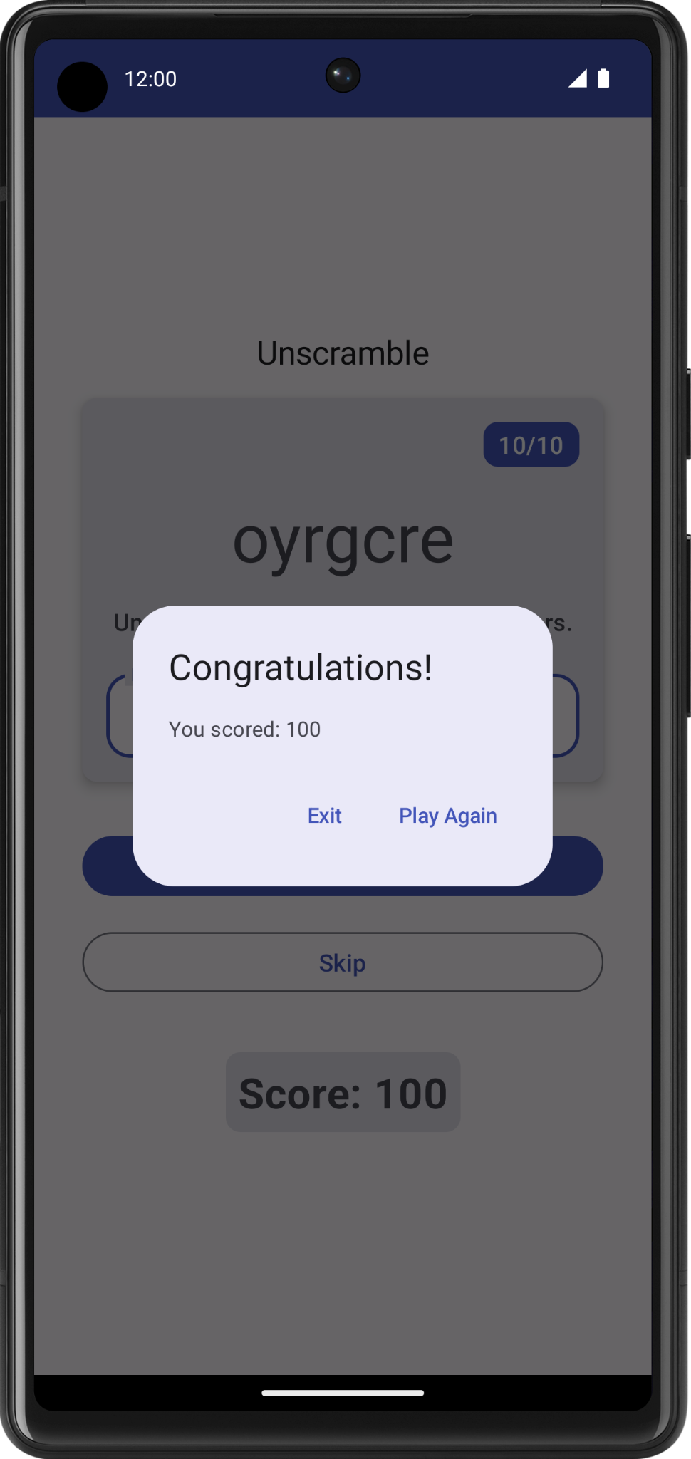 Pantalla del juego con un diálogo de felicitaciones en el que se muestra la puntuación final y la opción de salir o volver a jugar. c6727347fe0db265.png