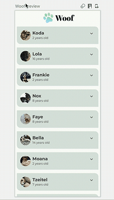 Animation of Woof list items expanding and contracting