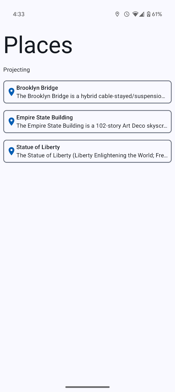 スマートフォンが DHU に接続されたため、投影状態を表すテキストが「Projecting」になりました。