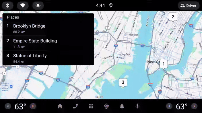 Android Automotive OS エミュレータ上で動作するアプリを表示する画面の録画。
