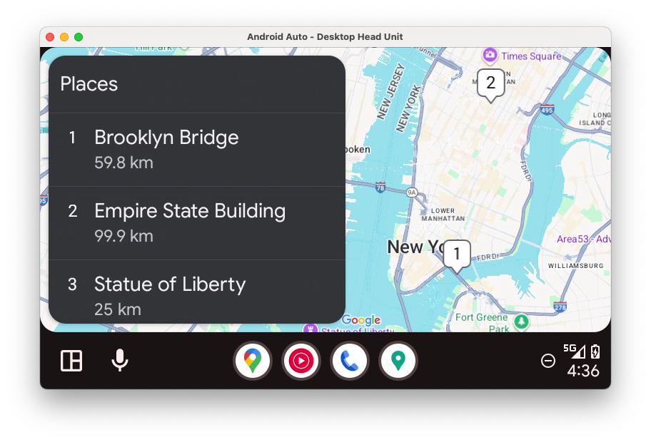 A list of locations is shown on the left side of the screen and a map with pins corresponding to the locations is shown behind it, filling the rest of the screen.