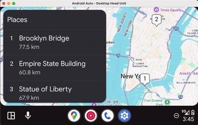 A screen recording showing the app running on Android Auto using the Desktop Head Unit.