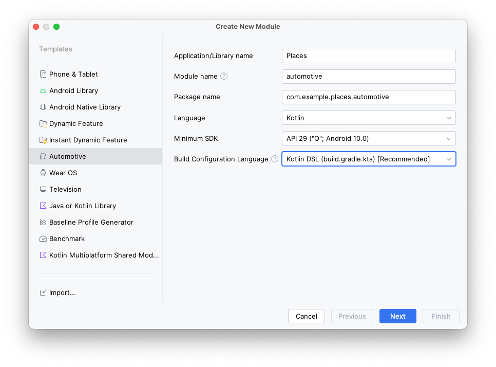 Android Automotive OS モジュール用の Create New Module ウィザードに、このステップで記載された値が設定されています。
