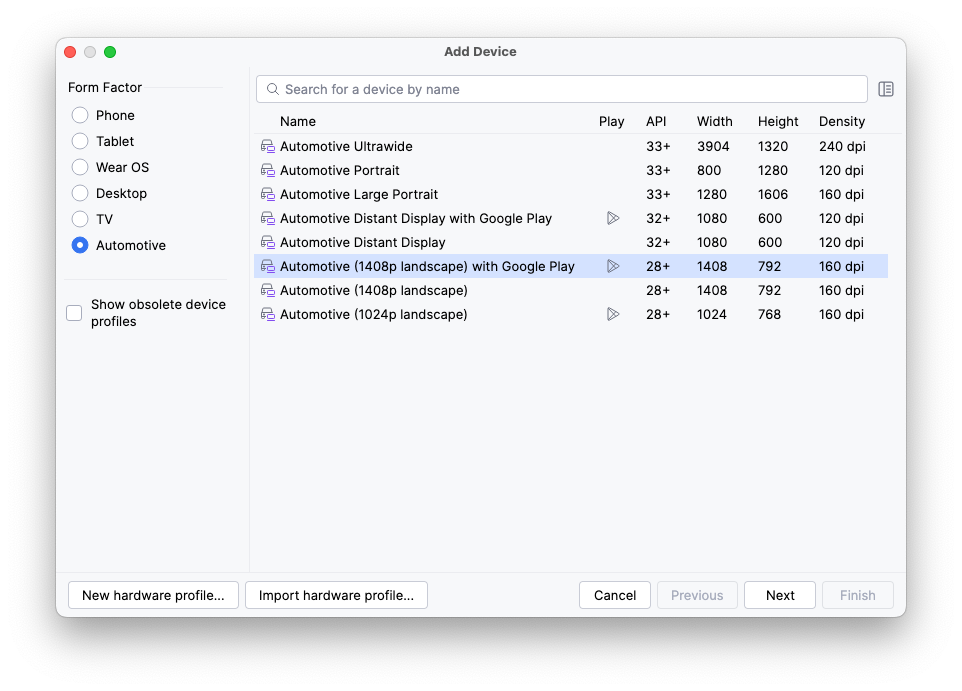 The Virtual Device Configuration wizard showing the 'Automotive (1024p landscape)' hardware profile selected.