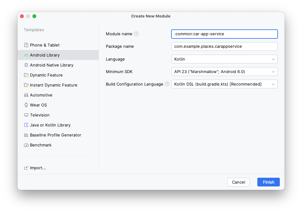 Buka wizard New Module dengan menetapkan nilai sesuai penjelasan dalam langkah ini. 