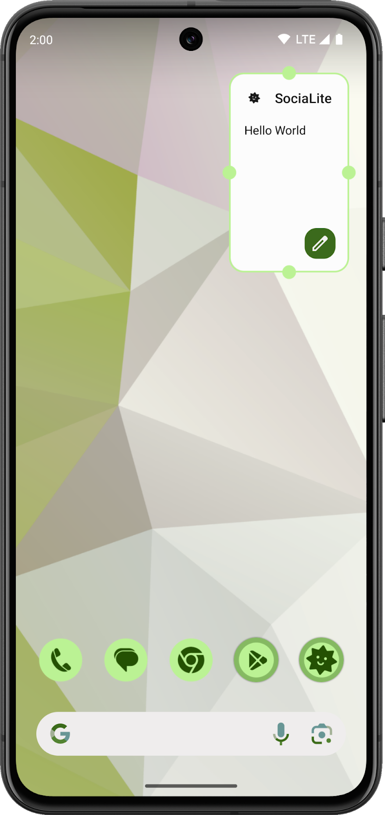 Una pantalla principal de Android con el widget en desarrollo. El widget tiene un fondo opaco y el título