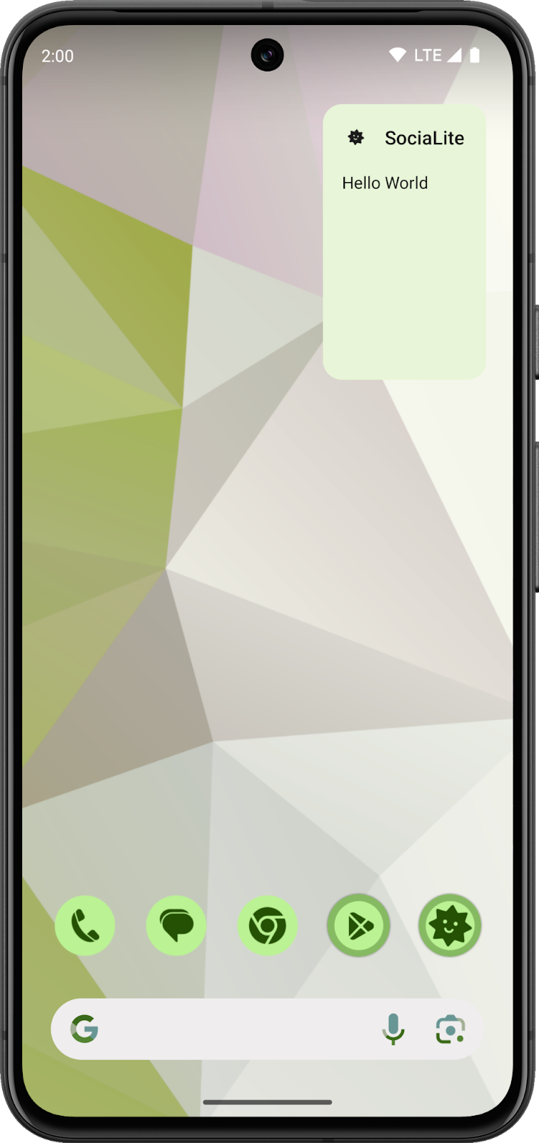 Android 主畫面顯示淺色主題下的「Hello World」小工具