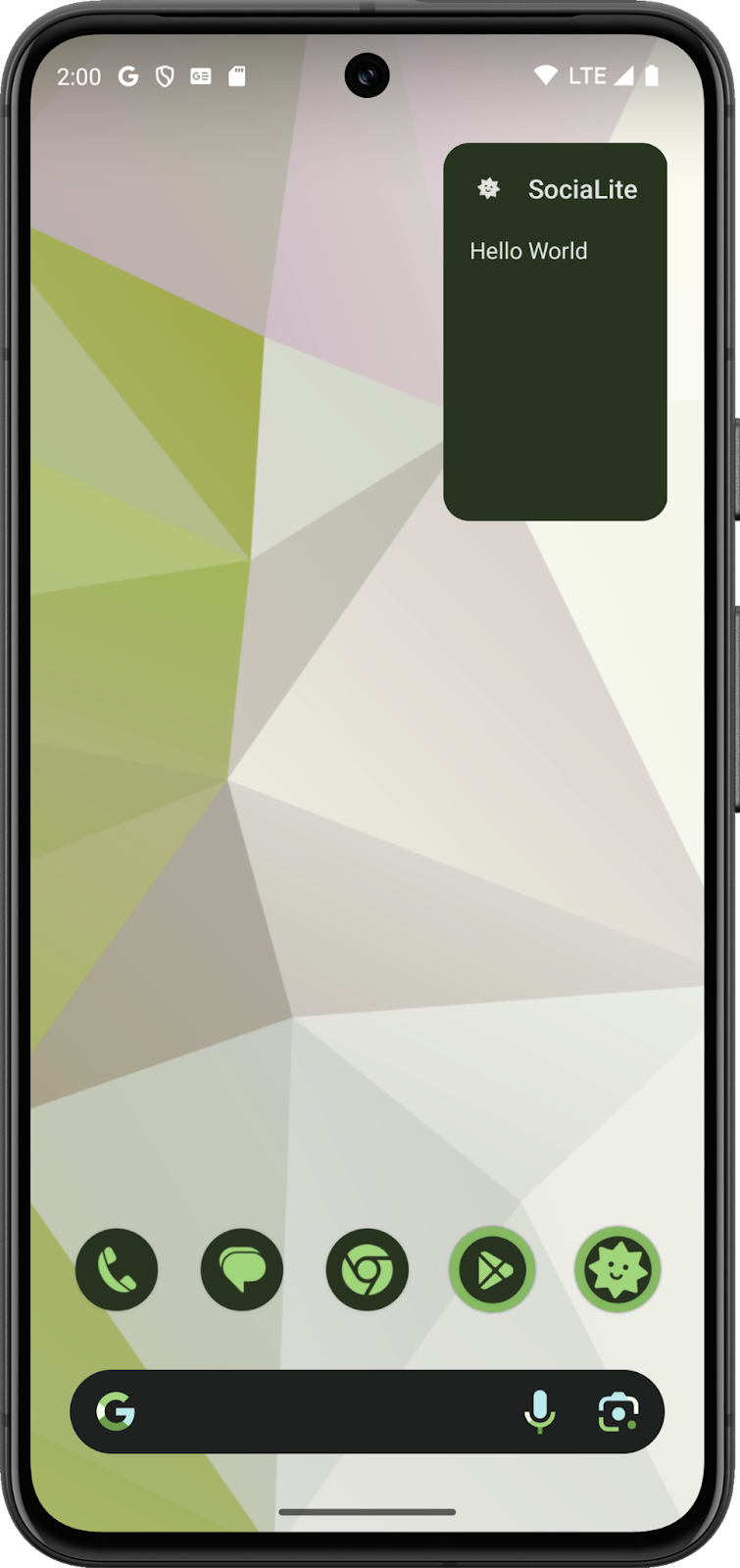Un écran d&#39;accueil Android affichant le widget Hello World sur un thème sombre