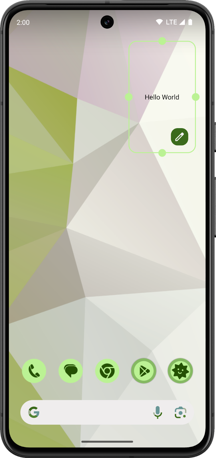 一个 Android 主屏幕,其中显示尚处于开发阶段的 widget。这个 widget 是透明的,且会显示消息