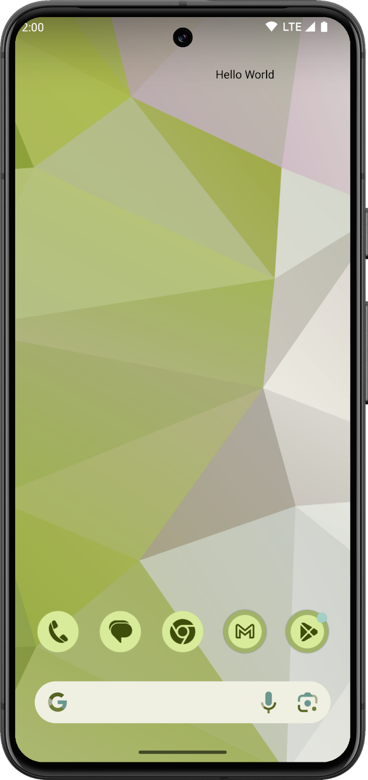 一个以浅色主题显示“Hello World”widget 的 Android 主屏幕