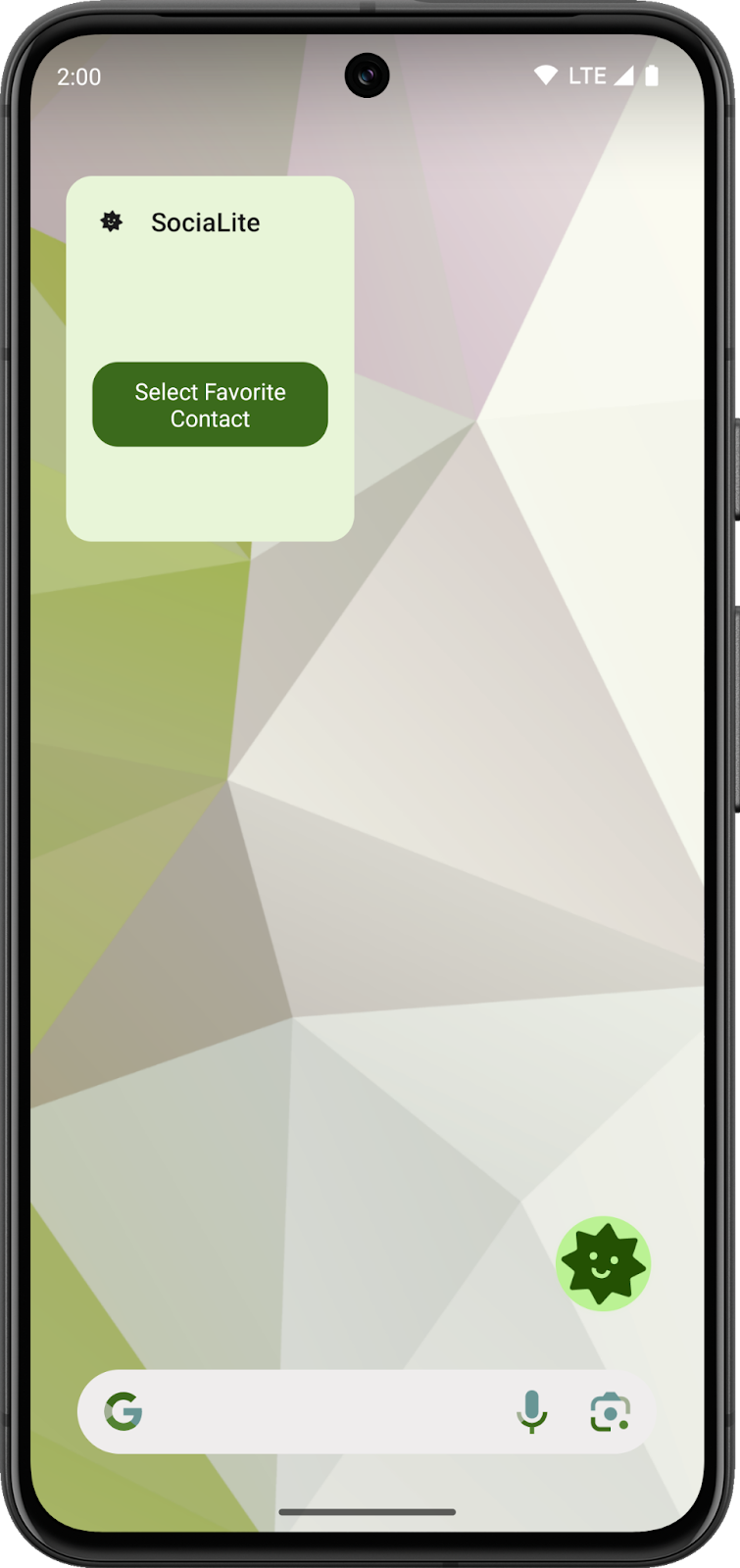 一个 Android 主屏幕,其中显示 Socialite widget 的零状态。零状态有一个按钮。