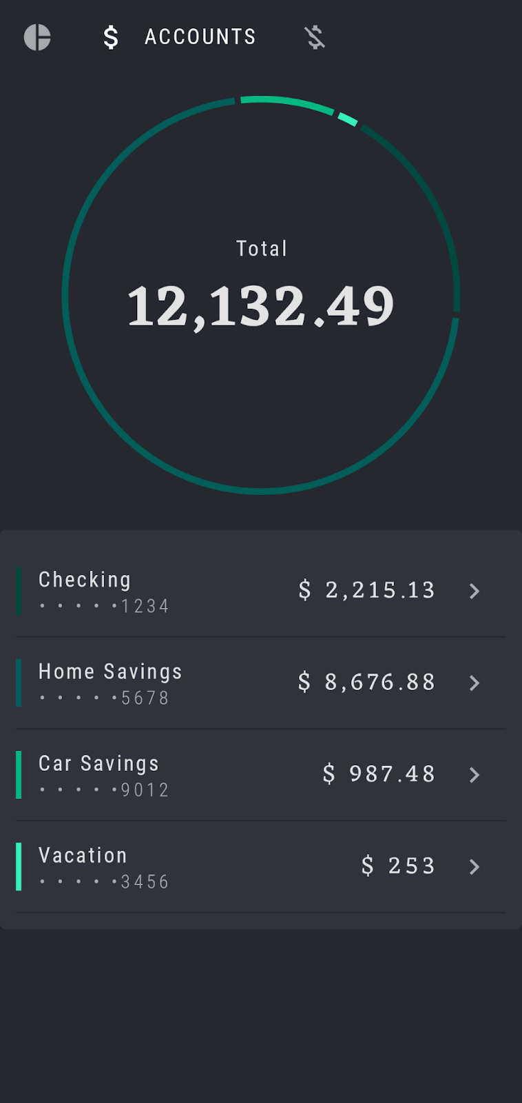 “Accounts”屏幕的屏幕截图，其中包含多个账号的信息。