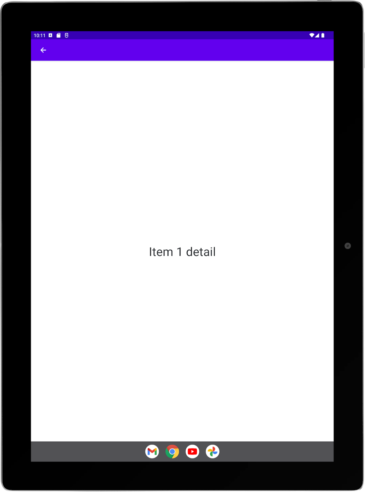 Grande tablette avec une application exemple exécutée en mode portrait Activité &quot;Détail&quot; en plein écran