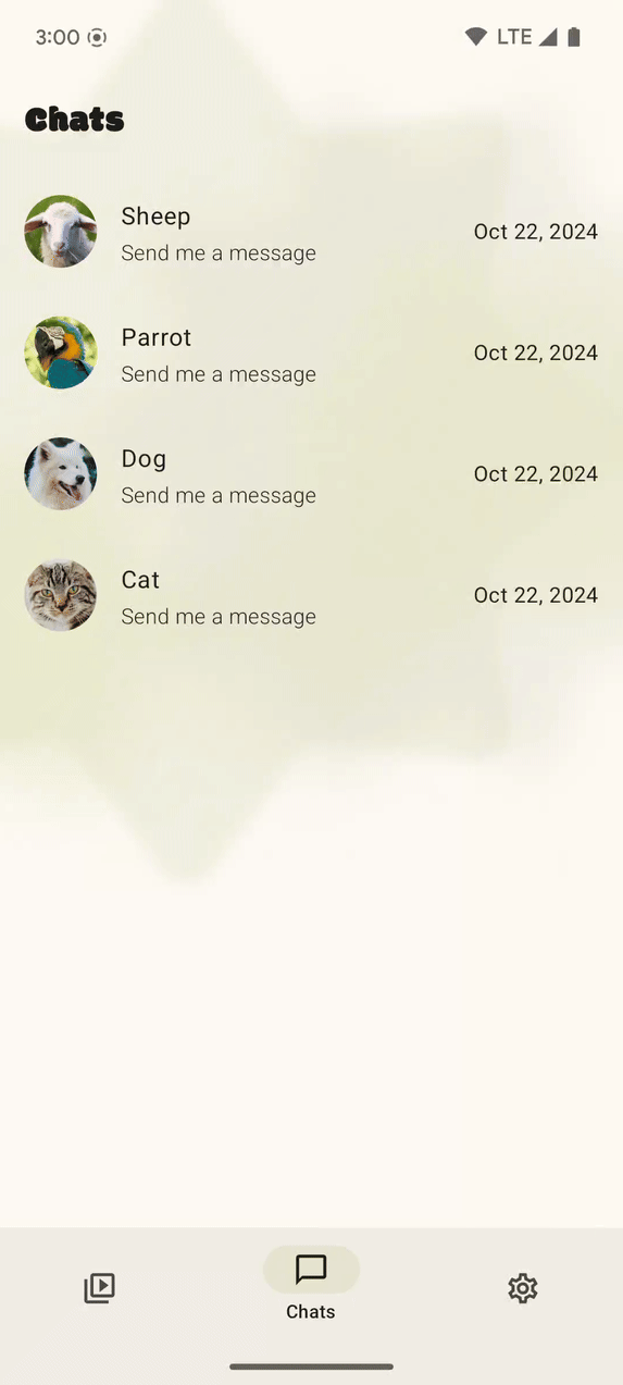 L'appli SociaLite avec les animations personnalisées pour la prévisualisation du Retour de l'appli.