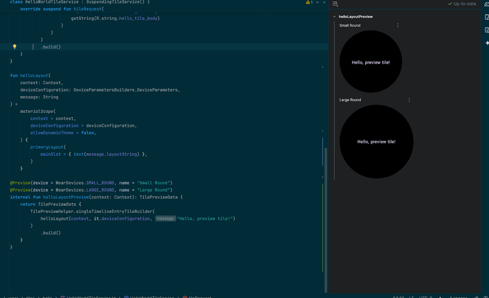 Android Studio の分割画面ビュー。左側にプレビュー コード、右側にタイルの画像が表示されている。
