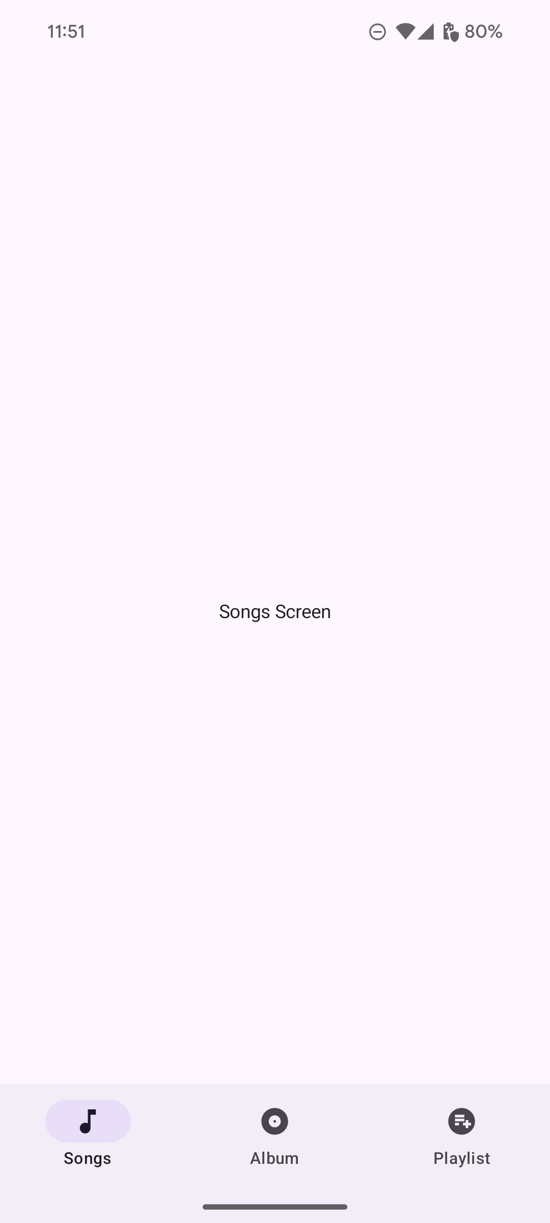 Écran d&#39;application avec trois destinations listées horizontalement dans une barre de navigation inférieure : &quot;Chansons&quot;, &quot;Album&quot; et &quot;Playlist&quot;. Chaque destination est associée à une icône pertinente (par exemple, une note de musique pour &quot;Chansons&quot;).