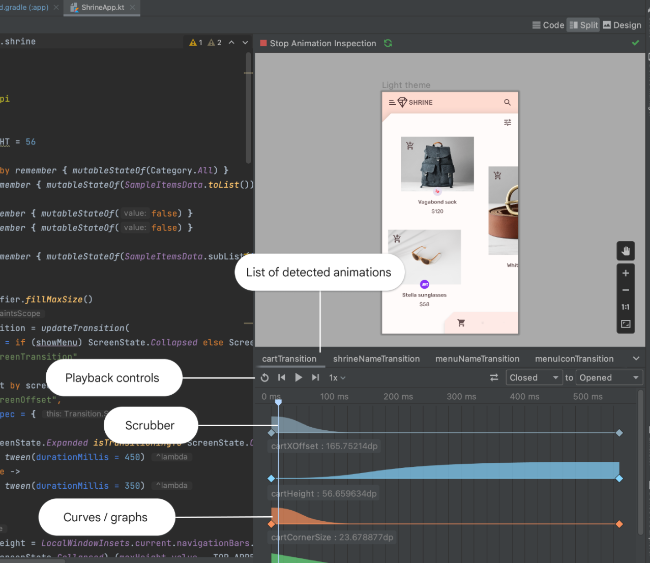 Der Bereich „Animationsvorschau“ in Android Studio mit einer Zeitachse der Animationen und ihrer Eigenschaften.
