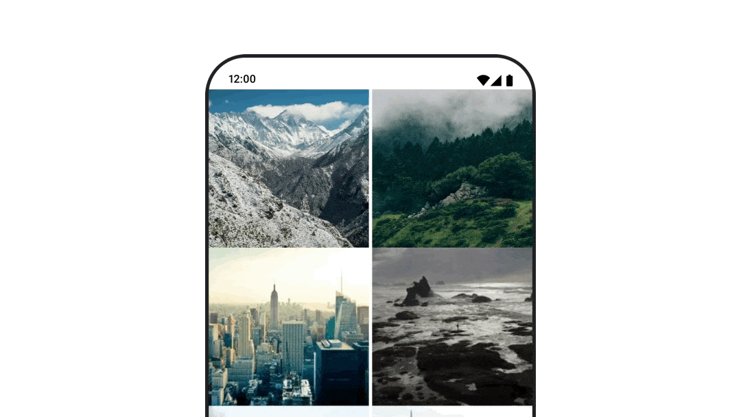 Deux composables, l'un vert indiquant "Landing" et l'autre bleu indiquant "Detail", s'animent en faisant glisser le composable de détail sur le composable de destination. 
