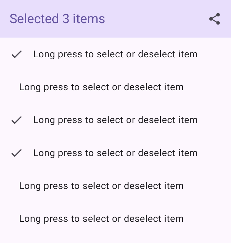 Une barre d'application supérieure dynamique affiche le texte "3 éléments sélectionnés", suivi d'une icône de partage. Ci-dessous, une liste affiche plusieurs éléments, avec des coches à côté des trois éléments sélectionnés.