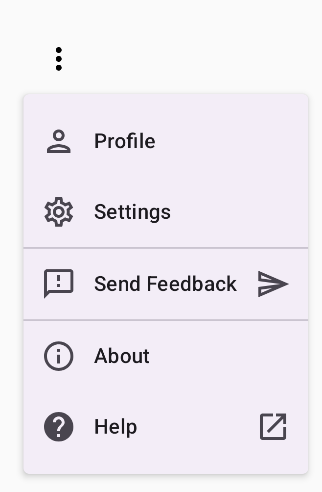 Un menú desplegable con secciones para Perfil, Configuración, Enviar comentarios, Acerca de y Ayuda. Cada opción tiene un ícono, como el de una persona para Perfil.