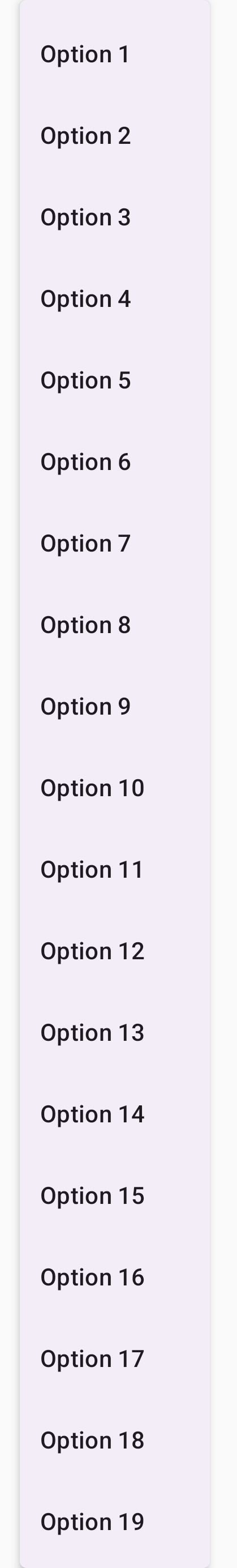 Un menú desplegable con muchas opciones, que requiere desplazamiento para ver todos los elementos.