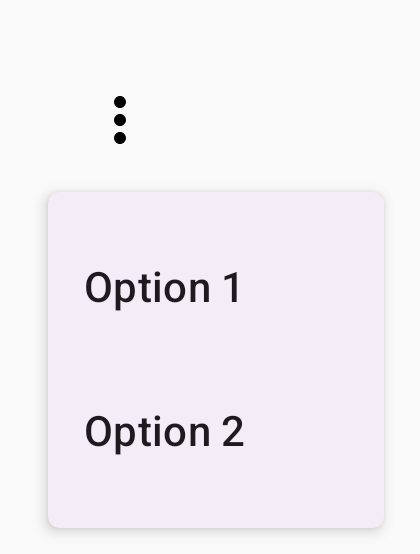Un menú desplegable que se activa con un ícono de tres puntos verticales. El menú muestra dos opciones seleccionables: Opción 1 y Opción 2.