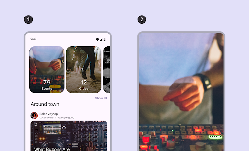 並排顯示未設限和全螢幕輪播類型的輪播。無容器輪轉介面類型有多個輪轉介面項目，全螢幕則有一個項目占據整個畫面