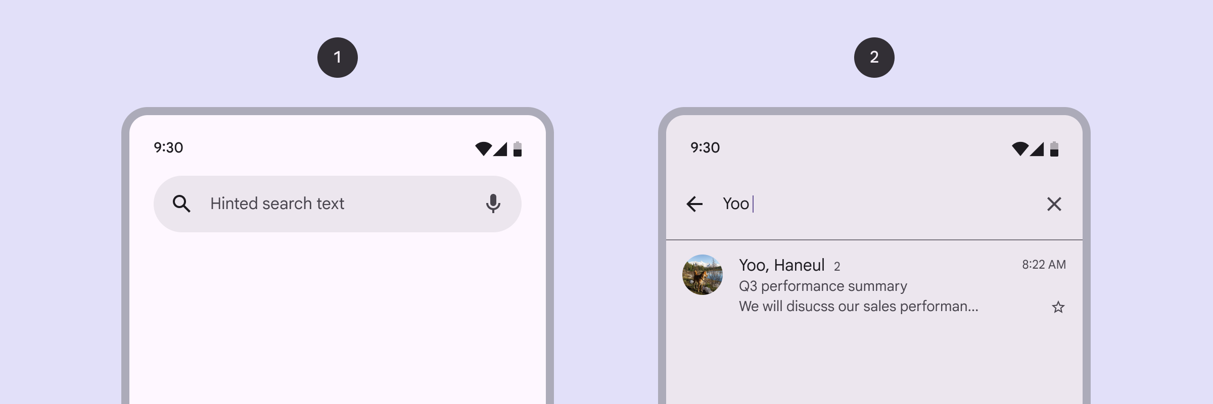 畫面會顯示兩個搜尋列。左側的畫面只有文字欄位。
  左側的搜尋列包含文字欄位，下方則有搜尋建議。