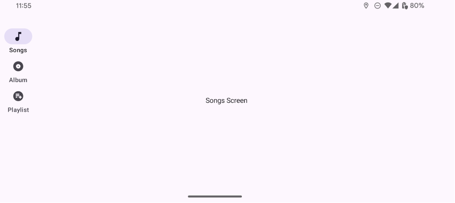 A vertical navigation rail with 3 destinations with associated icons: Songs, Album, and Playlist. Icons visually indicate the purpose of each navigation button in the rail. Each destination has a relevant icon paired with it (e.g., a music note for 