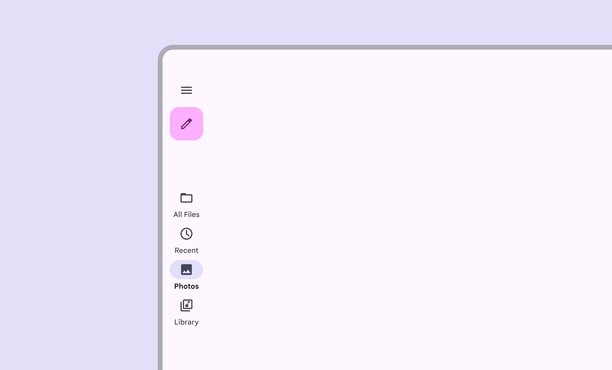 Rail de navigation vertical sur le côté gauche d&#39;un écran avec quatre destinations (&quot;Tous les fichiers&quot;, &quot;Récents&quot;, &quot;Photos&quot; et &quot;Bibliothèque&quot;), chacune avec une icône associée, et un bouton d&#39;action flottant.