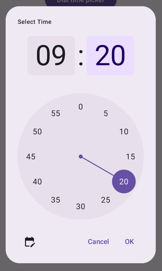 Um seletor de tempo em uma caixa de diálogo personalizada que implementa um título, uma alternância de modo e botões de dispensar e confirmar.